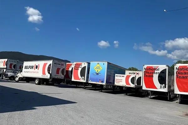 Branded restoration trailers in a row